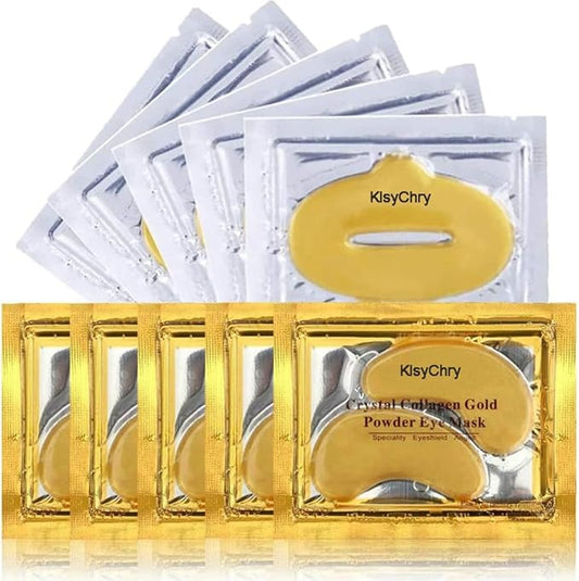 24K Gold Gel Crystal Collagen Lip and Eye Mask Set, 5 Pairs Gold Eye Mask Pads and 5 Pcs Gold Lip Patches for Moisturizing, Anti Wrinkle, Anti Aging, Hydrating Lips and Eyes