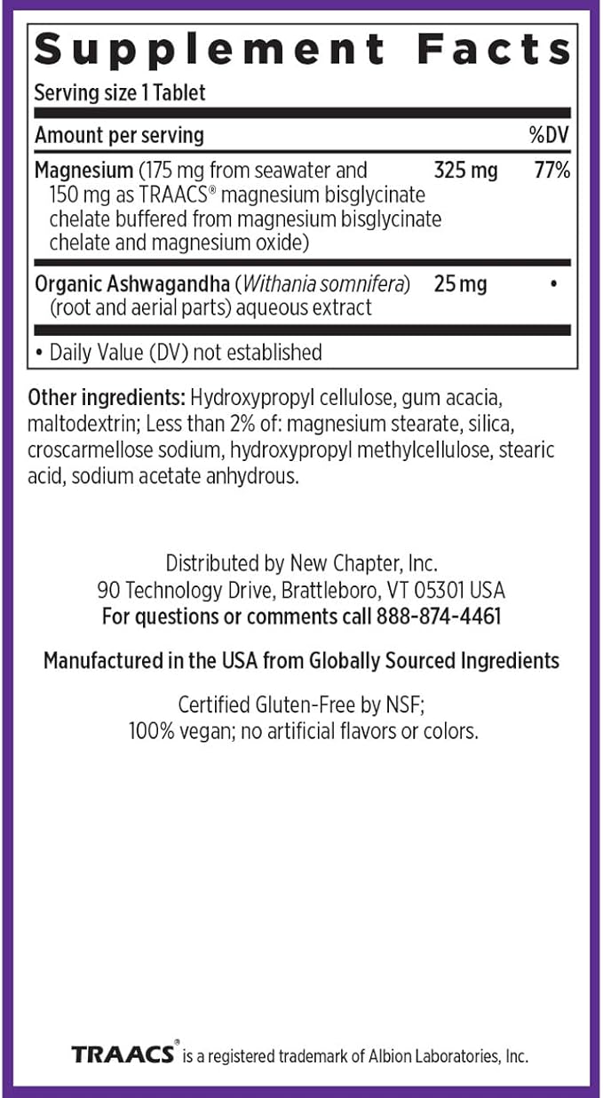 New Chapter Magnesium + Ashwagandha Supplement, 325 mg with Magnesium Glycinate for Muscle Relaxation & Recovery, Heart, Nerve & Bone Health, 2.5X Absorption, Non-GMO - 30 ct (1 Month Supply)