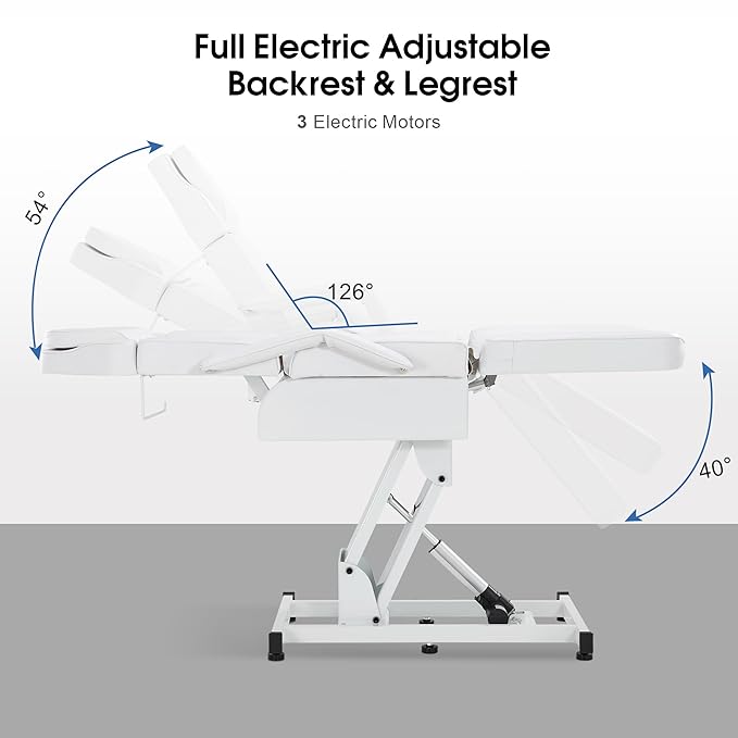 BarberPub Fully Electric Facial Bed with 3 Motor for Esthetician, Electric Tattoo Chair for Client, Facial Bed for Esthetician, Electric Adjustment 2751 (White, Height (Flat): 24"–33")