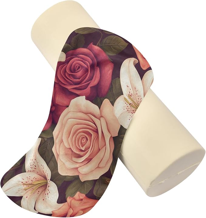 Roses and Lily Flowers Neck Roll Pillow Bolster Round Health Memory Foam Long Cervical Cylinder Pillows with Removable Washable Cover for Body Bed Legs Back Yoga