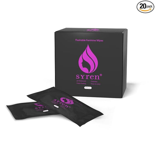 Syren Flushable Feminine Wipes, 20 Pieces, Odorless, Plant-Based, Easy to Carry