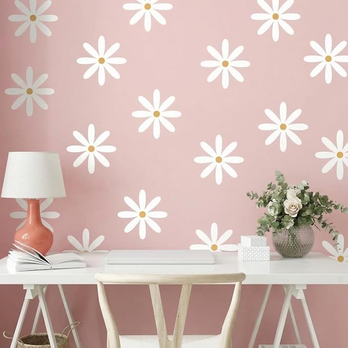 TaoBary 12 Sheet Daisy Wall Sticker Decal,White, Yellow,Fresh Style | Big Flower Wall Sticker, Pink White Floral Decal, Daisy Bedroom Room Decor, Removable Peel and Stick, Nursery Home Wall Decor