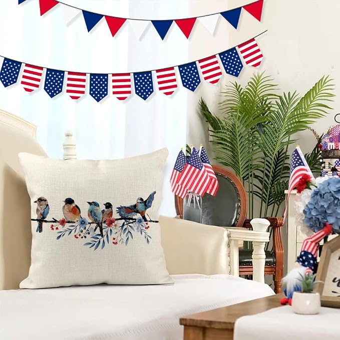 RABUSOFA 4th of July Memorial Day Patriotic Throw Pillow Cover,20x20 Inch Red White and Blue Birds Flowers Independence Day American Fourth of July Decoration for Sofa Couch