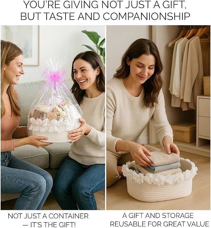Yimi's Dream White Cotton Rope Gift Basket with Organza Lace, 12 x 8 in | Elegant Decorative Woven Basket for Weddings, Baby Shower, Newborn Photos, Easter, Nursery, Gifts, Toys, and Home Decor