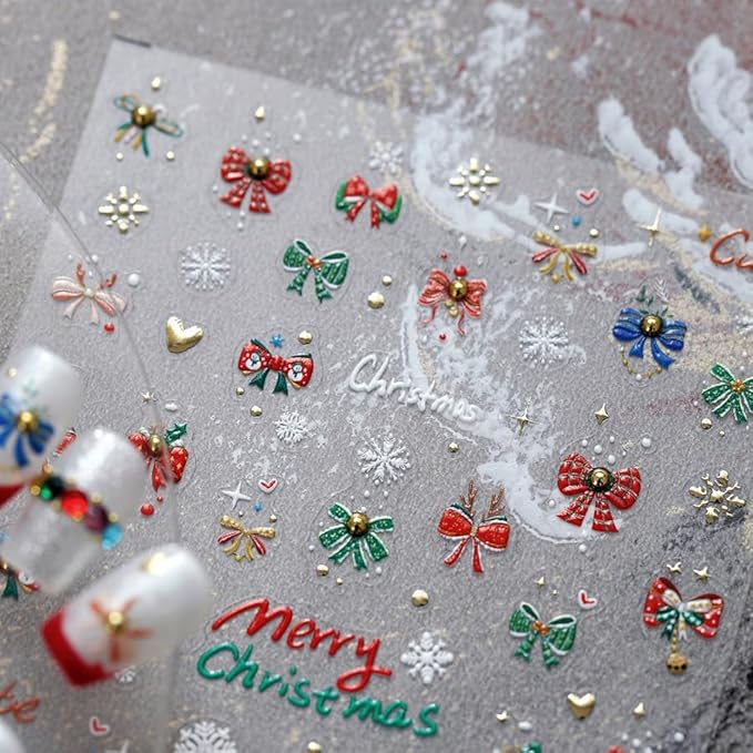 Christmas Nail Stickers for Nail Art, 5D Embossed Self-Adhesive Bow Snowflake Nail Decals, Nail Supplies Nail Art Design Accessories for Women and Girls Manicure DIY Decoration