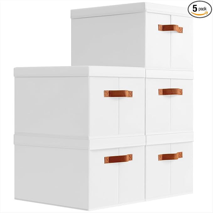 Storage Bins with Lids - Large Fabric Closet Bins with Lid, 5 Pack Clothes Organizers and Storage, Collapsible Stackable Cube Basket for Home, Office, Dorm, White