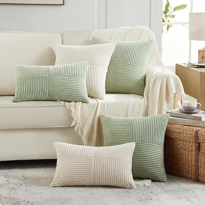 Fancy Homi Cream Lumbar Decorative Throw Pillow Covers 12x20 Inch for Living Room Couch Bed Sofa, Rustic Farmhouse Boho Home Decor, Soft Striped Corduroy Rectangle Accent Cushion Case 30x50 cm