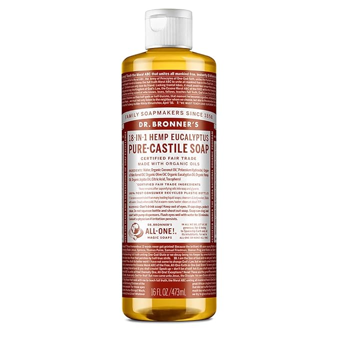 Dr. Bronner's Pure-Castile Magic Soap Liquid (Eucalyptus, 16 Ounce) - Made with Regenerative Organic Certified Oils, 18-in-1 Uses: Face, Body, Hair, Laundry, Pets and Dishes, Concentrated, Vegan