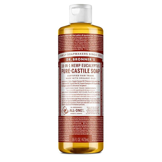 Dr. Bronner's Pure-Castile Magic Soap Liquid (Eucalyptus, 16 Ounce) - Made with Regenerative Organic Certified Oils, 18-in-1 Uses: Face, Body, Hair, Laundry, Pets and Dishes, Concentrated, Vegan