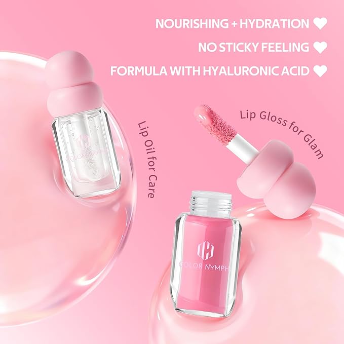 Color Nymph Lip Oil & Lip Gloss Set, Hydrating Non-Sticky Lip Makeup, Nourishing Lip Care with Jojoba Oil & Hyaluronic Acid, Glossy Pigmented Finish, #04 Ballet Pink