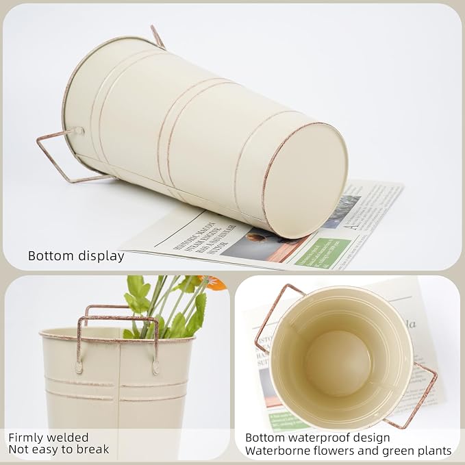 Notakia 10.62 Inch Galvanized Metal Vases Farmhouse French Flower Bucket Vases for Cut Flowers for Home Decor and Wedding Table Centerpiece Decorations (Medium Size Beige 4Pcs)