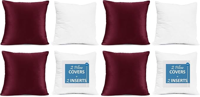 Throw Pillow Inserts Pack of 4 with Velvet Soft Solid Decorative Square Throw Pillow Covers Set for Sofa Couch Car Bedroom, 18X18 Throw Pillows Inserts with 16x16 Washable Cushion Covers, Burgundy Red