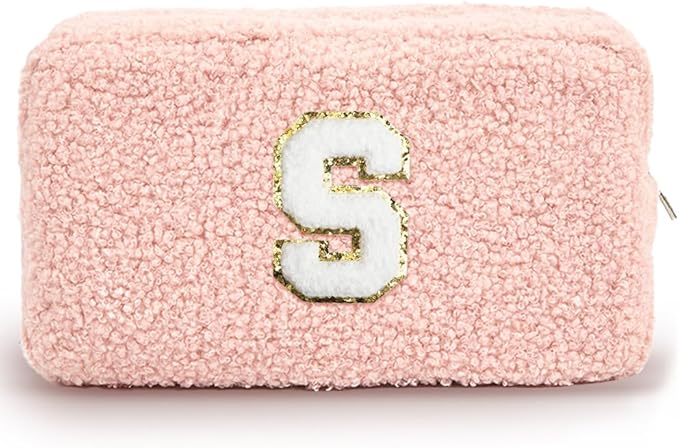 Cute Makeup Bag, Initial Cosmetic Bag, Fuzzy Makeup Bags for Women, Preppy Pink Makeup Pouch with Chenille Letter, Personalized Gifts for Women, Pink S