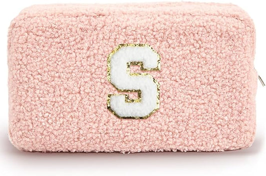 Cute Makeup Bag, Initial Cosmetic Bag, Fuzzy Makeup Bags for Women, Preppy Pink Makeup Pouch with Chenille Letter, Personalized Gifts for Women, Pink S