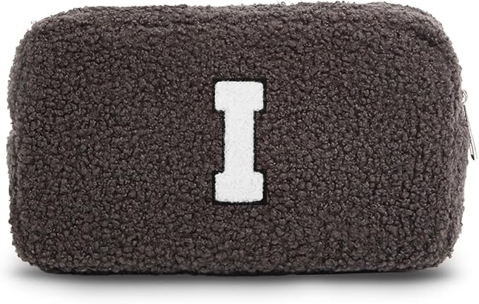 Cute Makeup Bag, Initial Cosmetic Bag, Fuzzy Makeup Bags for Women, Beauty Pouch with Chenille Letter, Personalized Cosmetic Pouch for Travel, Dark Grey I