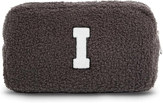 Cute Makeup Bag, Initial Cosmetic Bag, Fuzzy Makeup Bags for Women, Beauty Pouch with Chenille Letter, Personalized Cosmetic Pouch for Travel, Dark Grey I