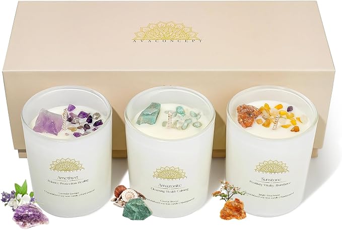 AvaConcept Healing Crystal Candle Gift Set – Set of 3 Amethyst, Amazonite & Sunstone Hand-Poured Soy Wax Lavender Jasmine, Coastal Breeze & Jungle Attachment Aromatherapy 3.5oz Each | Premium Gift Box