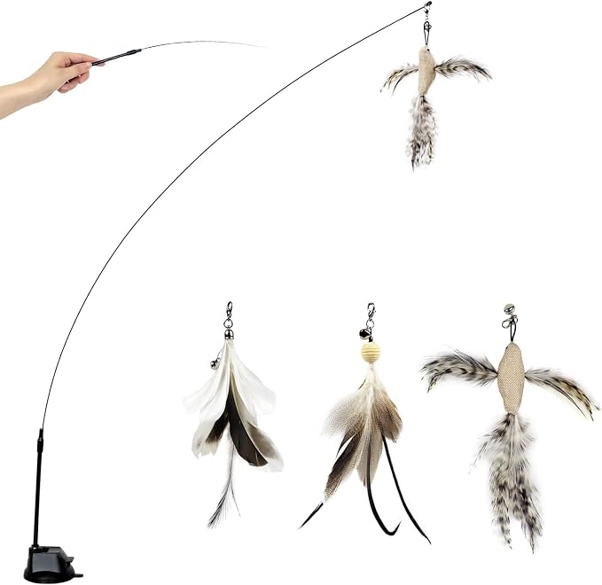 Cat Feather Wand Toy with Suction Cup, 2 in 1 Hands Free & Handheld Interactive Cat Teaser, Long Flexible Steel Wire Stick, 3 Replaceable Feather Bird Attachments with Bells for Indoor Kittens & Cats.