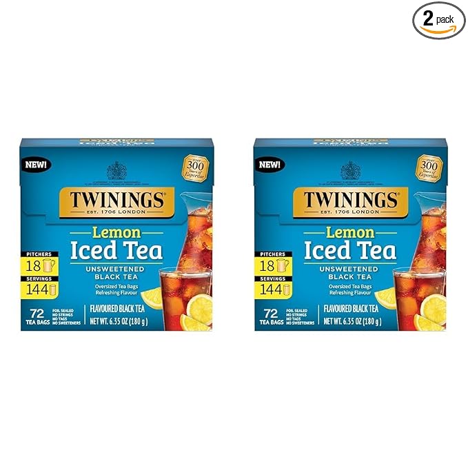Twinings NEW Lemon Black Iced Tea, 72 Deliciously Unsweetened Tea Bags, Makes 18 Pitchers or 144 Servings, Caffeinated, 72 Count (Pack of 2)