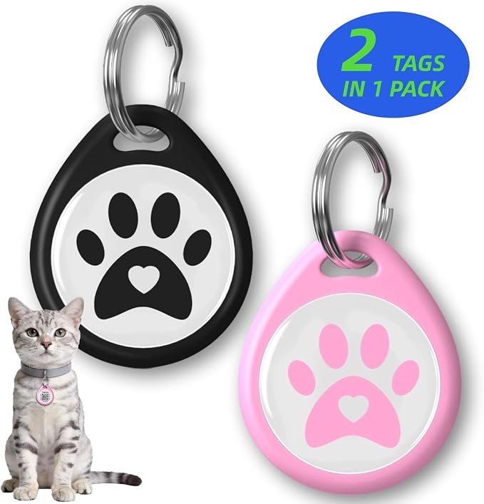 2 Pack- QR Code smart ID Tags for Collar Personalized Cat Name Tag for Kitten Collar, Cat Tracker for Pet Online Profile - Scan QR Receive Instant Pet Location Alert Email (Black & Pink,1")
