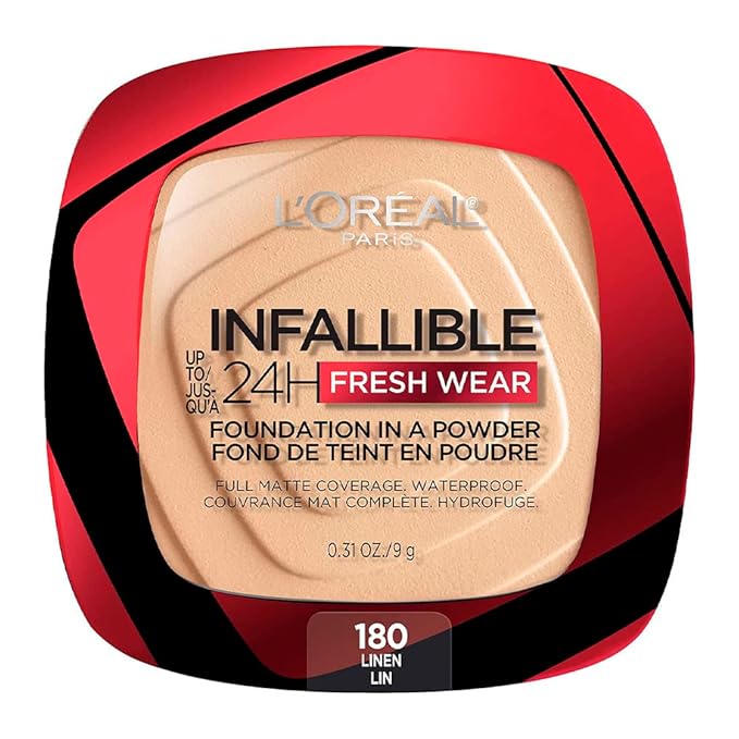 L'Oreal Paris Makeup Infallible Fresh Wear Foundation in a Powder, Up to 24H Wear, Waterproof, Linen, 0.31 oz. (Packaging May Vary)
