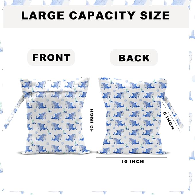 2 PCS Shark Travel Laundry Bags 12x10 Inch, Waterproof Reusable Wet Bag with Handle, Wet Dry Bag for Swimsuit Travel Beach Pool Diapers Dirty Yoga Gym Clothes Stroller Toiletries Daycare Organizer