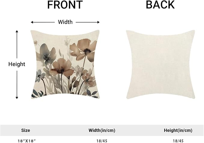 Spring Floral Pillow Covers 18x18 Inches Set of 2 Watercolor Brown Floral Throw Pillow Cover Outdoor Rustic Summer Flower Decor Pillowcase Farmhouse Decorative Linen Cushion Cover For Home Sofa