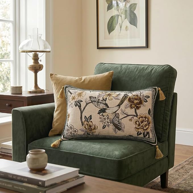 Vintage Linen Rectangle Throw Pillow Cover,Set of 2,20"x12"-Murad A | Designer French Decor Pillow Cover,Concealed Zipper Design,Floral and Bird Pattern,Sofa,Bedroom,Living Room,Lounge Chairs