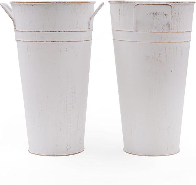 Hosley Set of 2 White Wash Finish Bucket/Pot Vase with PVC Liner 6.25" L x 5" W x 9" H, Ideal Gift for Wedding Home Office Party DIY Indoor Outdoor Garden Patio