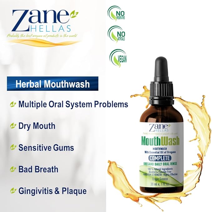 Zane Hellas MouthWash. Oral Rinse with Oregano Oil Power. Ideal for Gingivitis, Plaque, Dry Mouth, and Bad Breath. Alcohol and Fluoride Free. 100% Herbal Solution. 2 fl.oz.-60ml.