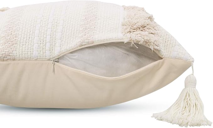 Lumbar Decorative Boho Throw Pillow Cover, 12 x 20 Farmhouse Cute Pillowcase Minimalist Neutral Collection Cream White Tufted with Tassels Woven Cushion Cover for Sofa Couch Bedroom Living Room