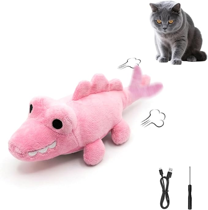 Interactive Cat Toys for Indoor Cats – Auto Moving Alligator with 360° Random Movement & Tail Wagging, Rechargeable Cat Exercise Toy with Catnip, Self-Play Fun for Bored Adult Cats-Pink