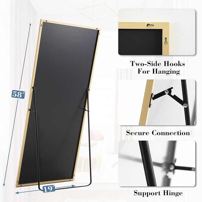 DUMOS 19"x58" Full Length Mirror with Stand, Full Body Floor Mirror | Free Standing or Wall Mount, Nano Glass Aluminum Frame, Hanging or Leaning, Modern Simple Home Decor, Gold