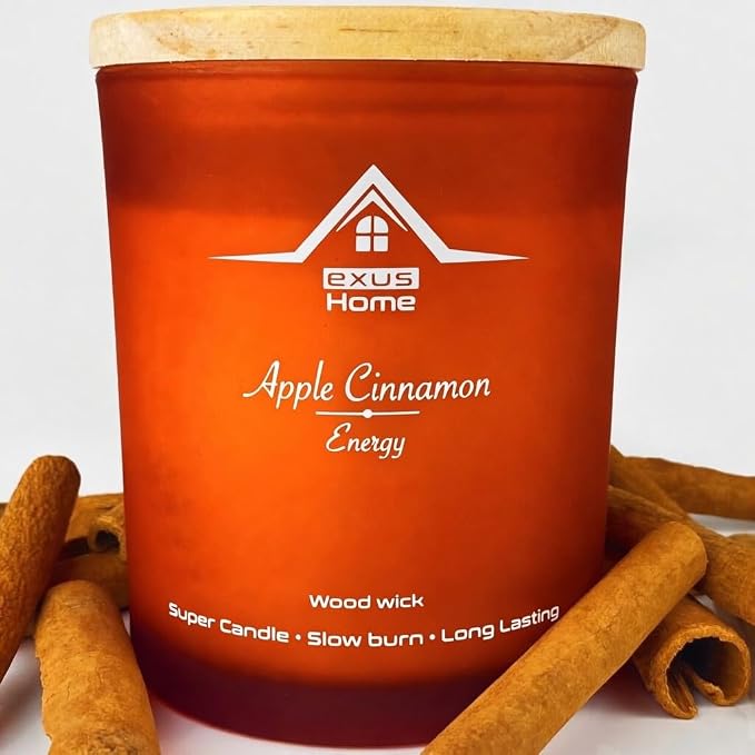 Exus Hand Crafted, Soy Wax, Wood Wick, Aromatic Candle. Non-Toxic (Apple Cinnamon/Energy)
