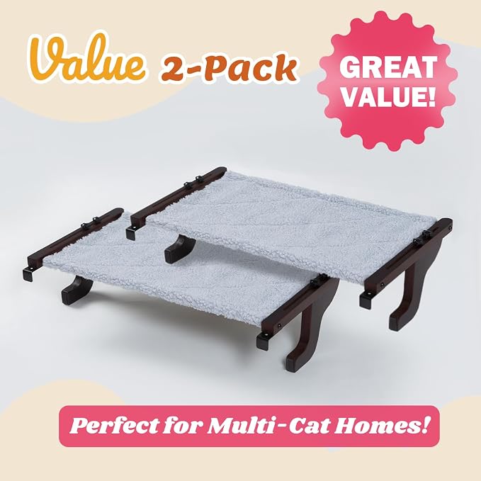 Zakkart 2PC Easy Seat Cat Perch for Window Sill - Hammock Design w/Pine Wood & Robust Metal Frame - Cat Window Seat for Large Cats and Kittens (Dark Stained Wood w/Gray Bed, Medium (23''W x 14''D))