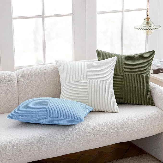 MIULEE Light Blue Decorative Throw Pillow Covers for Couch 18x18 Inch | 2 Pack, Boho Farmhouse Pillow Covers, Soft Cross Corduroy Patchwork Textured Cushion Cases For Bed Sofa