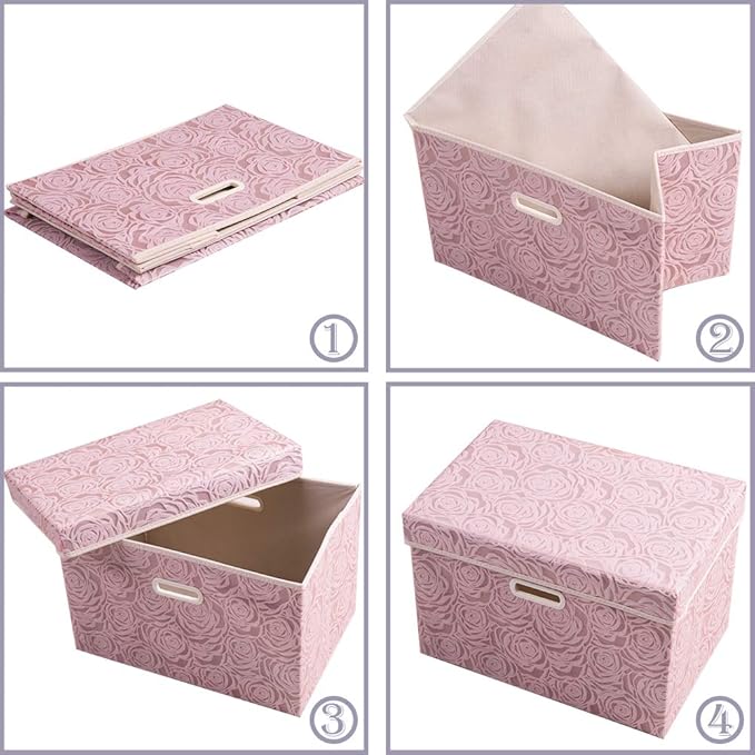 Collapsible Storage Boxes with Lids Fabric Decorative Storage Bins Cubes Organizer Containers Baskets with Cover Handles Divider for Bedroom Closet Living Room 14.9x9.8x9.8 Inch 3 Pack