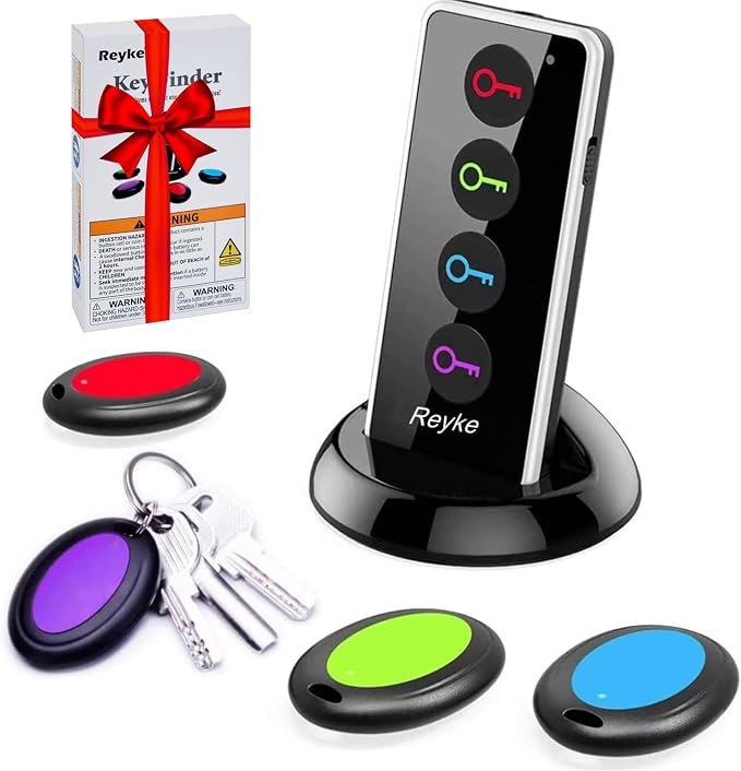 Reyke Key Finder with Sound, 131ft RF Remote Finder, 4 Receivers | 80dB+ RF Remote Control Finder With 1 Transmitter and 4 Receivers for Keys, Wallets, Phones, Glasses and Pet Collars