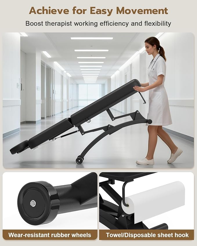 Paddie 550lbs Electric Lift Massage Table, Professional for Treatment/Facial/Beauty/Spa/Physical Therapy, Haydrulic Adjustable Backrest/Face Cradle/Rolling Wheels, Black