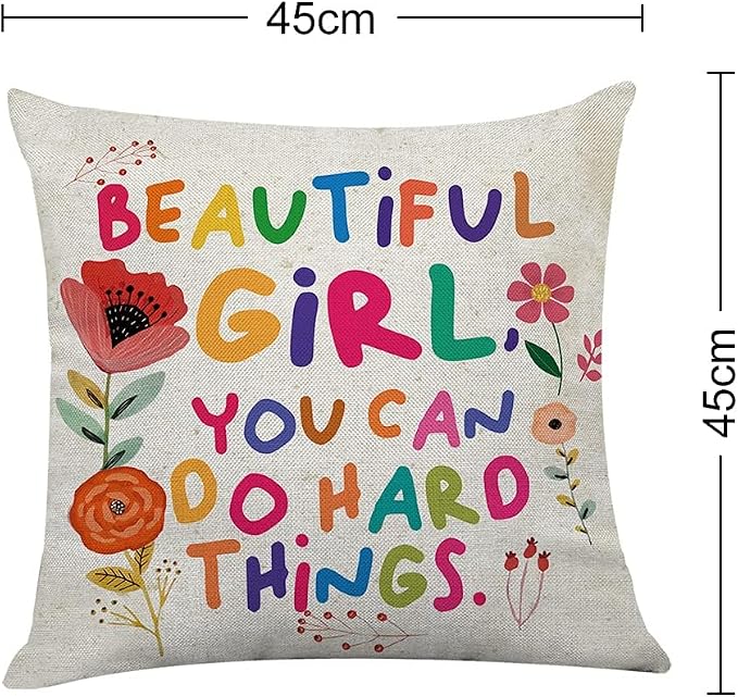 Littlefa Beautiful Girl You Can Do Hard Things Decorative Pillow Cover | Beautiful Girl You Can Do Hard Things Inspirational Pillow Case, Motivational Colorful Pillow Cover for Girls Teens Kids