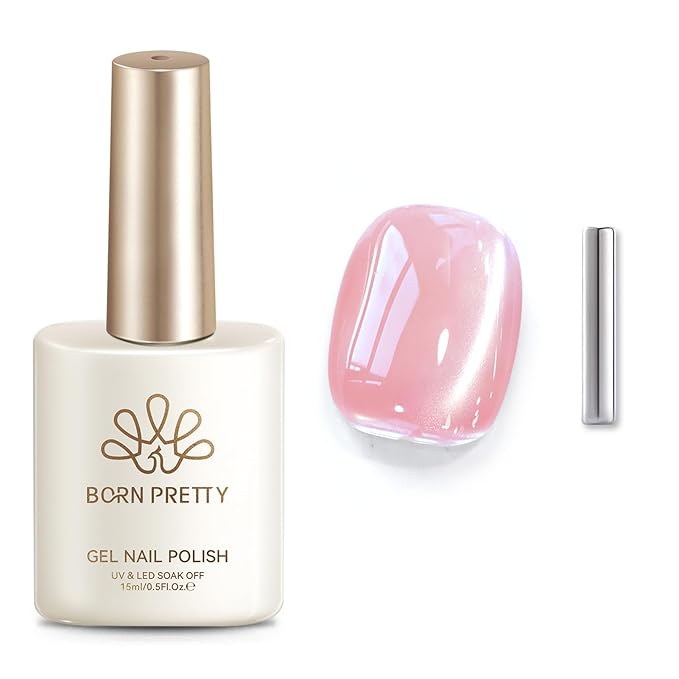 Born Pretty Cat Magnetic Eye Gel Nail Polish,15ML Water Light Soft Pink Magnetic Gel Polish Jelly Glass Crystal Nail Polish Glitter Shimmer Auroras Gels Nail