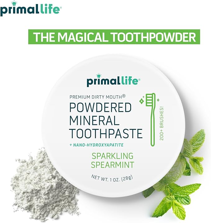 Primal Life Organics - Dirty Mouth Toothpowder, Tooth Cleaning Powder, Flavored Essential Oils with Natural Kaolin & Bentonite Clay, Good for 200+ Brushings, Paleo, Organic, Vegan (Spearmint, 1 oz)
