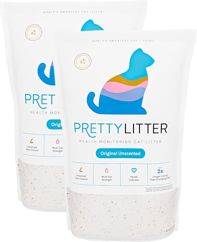 PrettyLitter Health Monitoring Cat Litter, Unscented, 2-Pack, 6 lb. Bags | Up to 2 Months Supply, Non-Clumping, Advanced Odor Control, Automatic Litter Box Compatible, Color Changing Silica Crystals