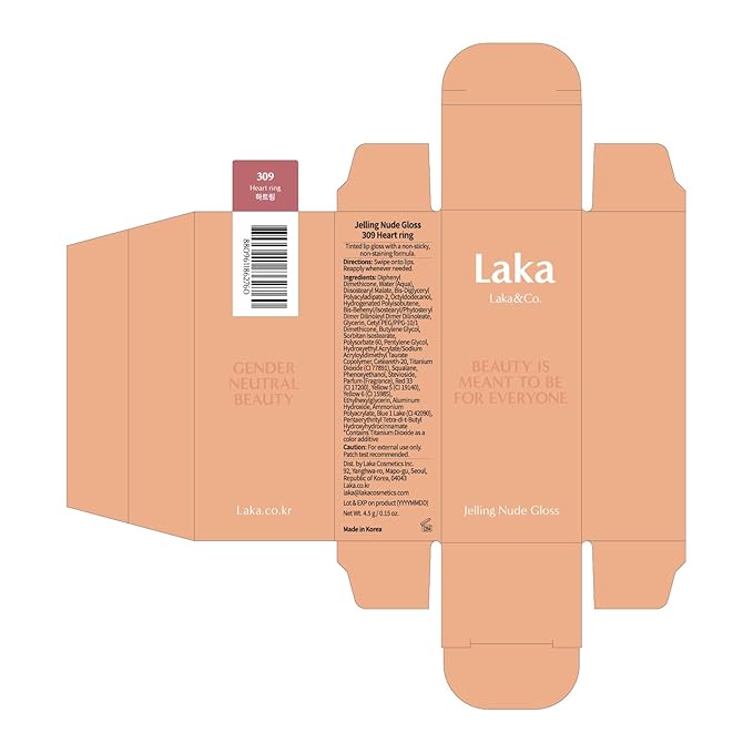 Laka Jelling Nude Gloss, 4.5g/0.15oz, Sheer Hydrating Lip Oil with No Stain, Non-Sticky, Nourishing Gloss for a Fresh, Glowy Look, Vegan, Clean Beauty Makeup, K-Beauty (#309 Heart Ring)