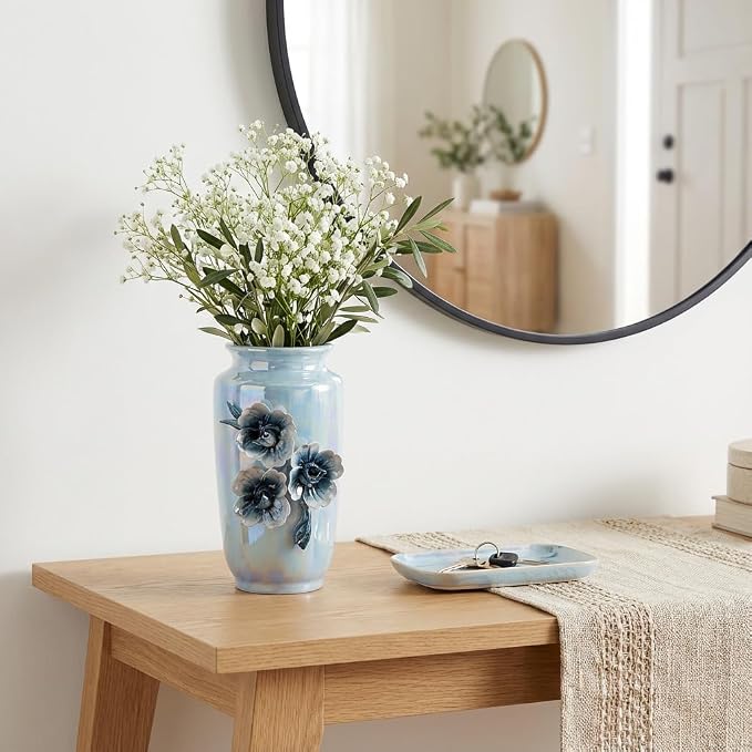Blue Ceramic Vase 7 Inch - Small Decorative Vase with Floral Pattern, Ideal for Coastal & Modern Home Decor, Bathroom and Shelf Accent