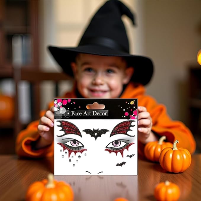 Halloween Bats Glitter Face Tattoo Stickers for Kids - Self-Adhesive Temporary Body Art Makeup for Halloween,Cosplay, Festival - Halloween Tattoo Face Sticker - 2Pcs (Bats)