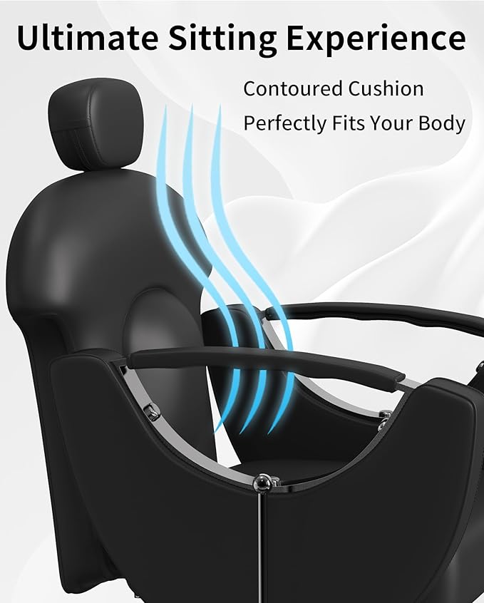 Baasha Ergonomic Reclining Salon Chair with Adjustable & Removable Headrest, All Black Hydraulic Styling Chair, Soft PU Leather, 135° Recline, 360° Swivel, Heavy-Duty Steel Frame, 330 lbs Capacity