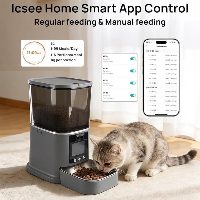 Automatic Cat Feeder with Camera Two-Way Video/Autio 5G WiFi, 5L | 3MP HD, Custom Voice, APP Control Automatic Dog Feeder with Night Vision, Cat Food Dispenser, Automatic Feeder Cat Dry Food