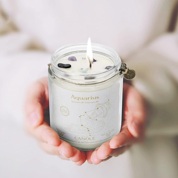 Zodiac Sign Jar Candle, Aquarius, Lavender Scent, Modern Style, Crystal Embellishment, Birthday Gift