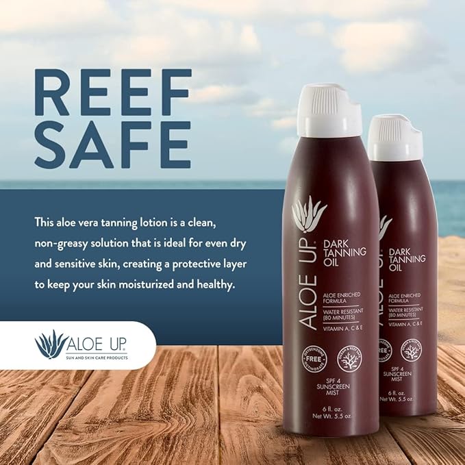 ALOE UP Aloe Vera Quick Dry Tanning Oil Spray 6 Fl Oz – Reef Safe Outdoor Sun Screen & Tan Oil, Non-Greasy, Fast Absorbing, SPF 4, 2 Pack – Brown, Medium Skin Tone